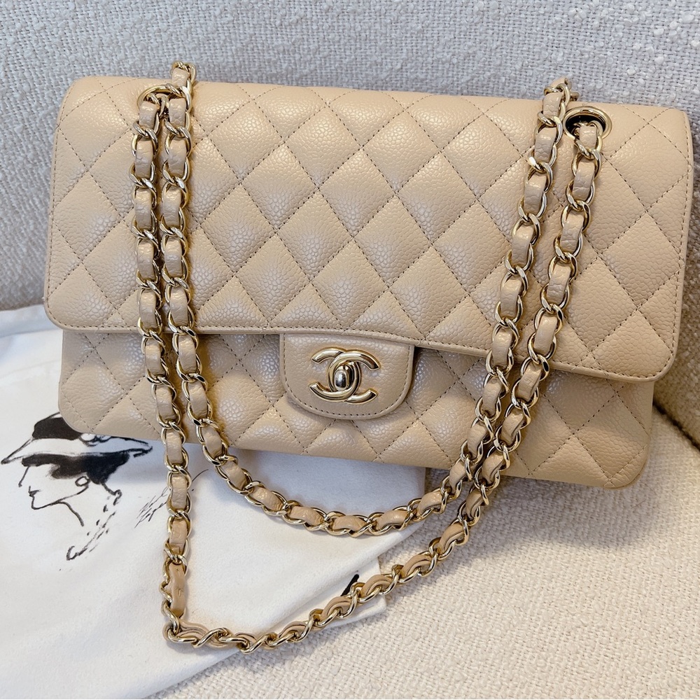 Authentic Chanel Beige Caviar Classic Double Flap Medium